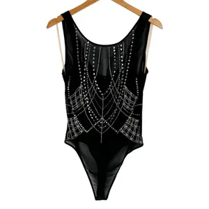 BKE Black Sheer Mesh Bodysuit Sz Large Embellished Jewel Rhinestone Y2K thumbnail 2