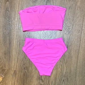 Women's‎ strapless Hot Pink Bandeau structured Bikini Set high waisted thumbnail 4