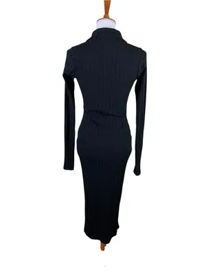 Good American Black Ribbed Button Front Long Sleeve Midi Dress 2 thumbnail 3