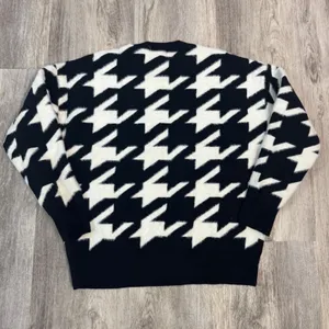 Andrea Jovine Womens Black White Houndstooth Fuzzy Crewneck Sweater Size Medium thumbnail 4