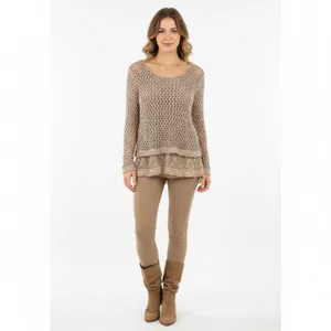 John Fashion Taupe Tan Crochet & Lace Layered Long Sleeve Sweater Blouse Top L thumbnail 6