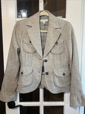 BANANA REPUBLIC Gray Herringbone Wool Blend Tailored Blazer Ruffled S Academia thumbnail 1