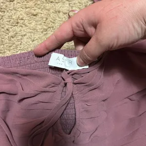 Astr Purple Pink Puff Sleeve Ruched Peplum Blouse thumbnail 2