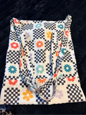 Checkerboard Floral Canvas Tote Bag in Multi-Color thumbnail 6