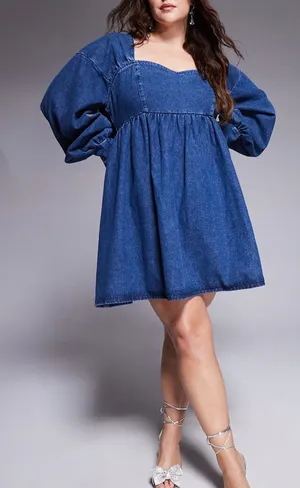 ASOS Luxe Curve Denim Baby Doll Long Sleeve Mini Dress with Bow Back Blue 16 thumbnail 1