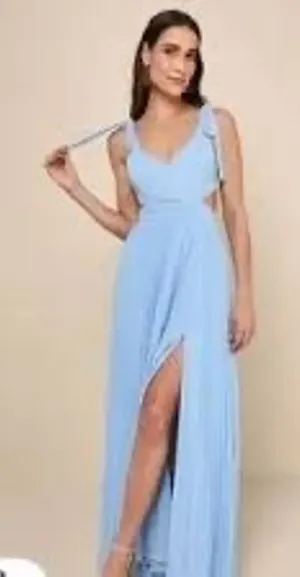 NWT Lulus Celebratory Allure Powder Blue Pleated Backless Maxi Dress Wedding M thumbnail 1