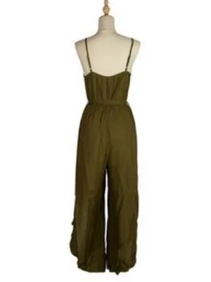 Olive Green High Slit Jumpsuit Spaghetti Strap Belted Wide Leg Boho Women M NWT thumbnail 7