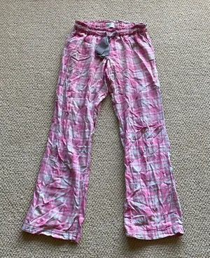 American Eagle Pink Grey Plaid Pajama Pants Women’s Size Small Stretch FLAWS thumbnail 1