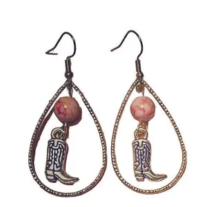 Women’s Cowboy Boot‎ Pink Turquoise Glass Bead & Silver Tone Dangle Earrings NEW thumbnail 2