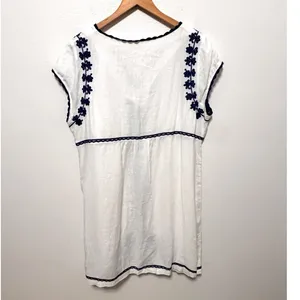 Boden Shift Dress Sz 16 Ivory Navy Blue Embroidered Linen V-Neck Boho Vacation thumbnail 2