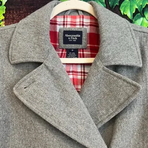 Y2K Abercrombie & Fitch Pea Coat Peacoat Jacket Womens Small Grey Red Plaid Wool thumbnail 3
