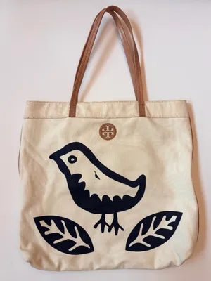Tory Burch Ella Canvas Bird Tote Cream Navy Leather Trim Large Shoulder Bag thumbnail 1