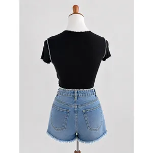 Women’s Black Ribbed Contrast Stitch Cropped Tee Fitted Top Size Small thumbnail 2