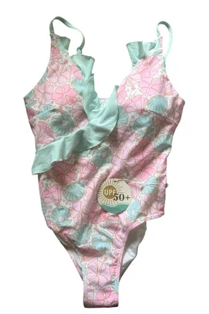 Caden Lane Women’s One-Piece Ruffled Swimsuit in Ocean Pearl | Large NWT thumbnail 1