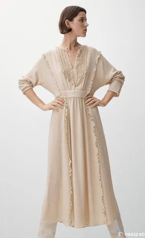 Massimo Dutti Beige Textured Long-Sleeve Midi Dress Ruffle & V-Neckline Size M thumbnail 1