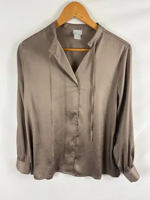 Chicos Brown Satin Button Up Shirt Size 1P / MP thumbnail 1