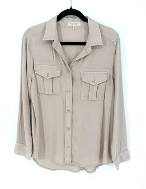 Side Stitch Los Angeles‎ Tan Button Down Shirt Womens Medium Long Sleeve, Fall thumbnail 1