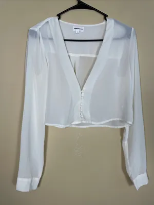 Superdown Women’s Sheer Cropped White V-Neck Chic Office Button-Up Blouse thumbnail 1