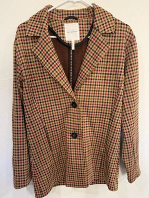 Avec Les Filles Longline Plaid Houndstooth Blazer Tan Red Black Size S thumbnail 2
