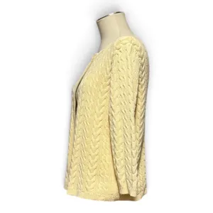 Christopher & Banks 100% Cotton Cable Knit Sweater Zip Up Light Yellow Large thumbnail 3