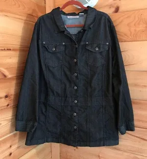 Essential Dark Wash Black/Grey Long Denim Jacket thumbnail 1