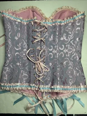 Lavender Floral Brocade Corset Pastel pink blue Ribbon Trim M costume party sexy thumbnail 4
