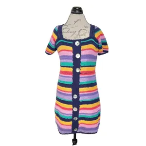 Farm Rio Sweater Dress XS Striped Short Sleeve Winter Summer Fall Boho Retro thumbnail 2