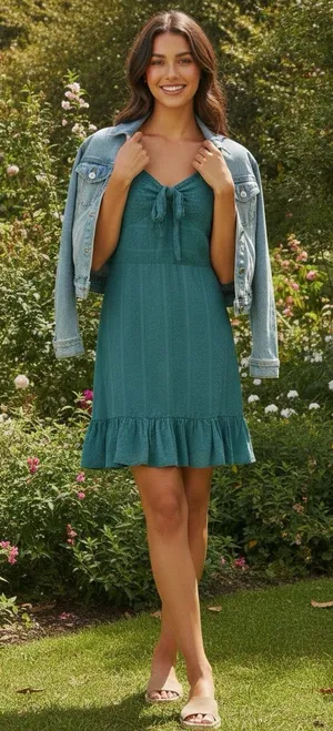Altar'd State Swiss Dot Smocked Tie-Front Mini Dress Teal Cottagecore Cotton Med thumbnail 1