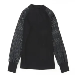 NEW Black Ribbed Top With Striped Mesh Long Sleeves thumbnail 6