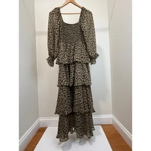 Entro Leopard Print Smocked Tiered Midi Dress SzL thumbnail 2