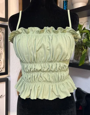 Sage Ribbed Tiered Crop Top with ruffle trim spaghetti strap Size L runs small thumbnail 1