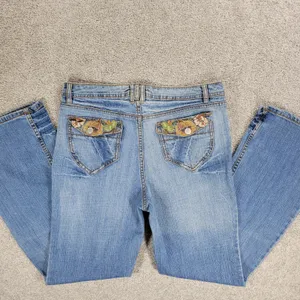 Vintage Faded Glory Jeans Womens 12 Light Wash Blue Floral Flap Pockets Wide Leg thumbnail 2
