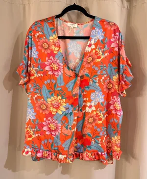 Umgee Loose Fit Floral Ruffle Button-Front Blouse thumbnail 1