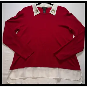 Investments‎ Sweater Women Large Red Collared Layered Embellished Pullover thumbnail 1