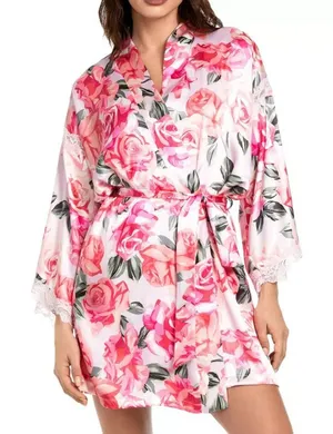 In Bloom by Jonquil Red and Pink Floral Ella Satin Robe NWT Size XL thumbnail 1