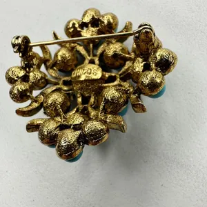 Chico's Faux Turquoise Rhinestone Brooch Pin Antique Gold Tone Signed ✨ thumbnail 8