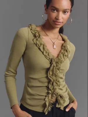 Anthropologie Ruffled and Laced Cardigan Top Sage Green Small thumbnail 3