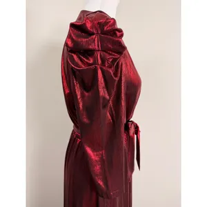 Retrofête Flora Metallic Red Lame Wrap Maxi Puff Sleeve Asymmetrical Gown Small thumbnail 5