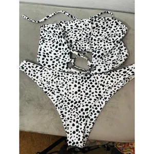 Zaful dalmation print bikini set Bandeau lace up top high cut bottom size 6 thumbnail 5