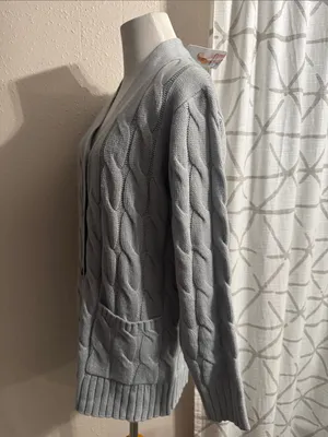 Women's Light Blue Cable-Knit Button Cardigan Sweater thumbnail 5