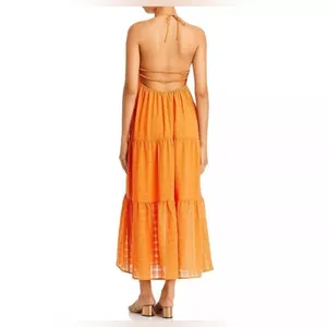 NWT Aqua Womens Orange V-Neck Long Sleeveless Halter Maxi Dress Size Large thumbnail 2