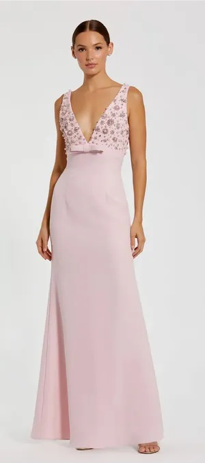 Mac Duggal 2278 Pink Sleeveless Embellished Crepe Gown With Bow sz 4 thumbnail 1