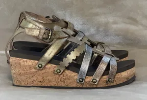 OTBT Storm Gold Brown Metallic Crisscross Strappy Wedge Sandals Size 9 thumbnail 1