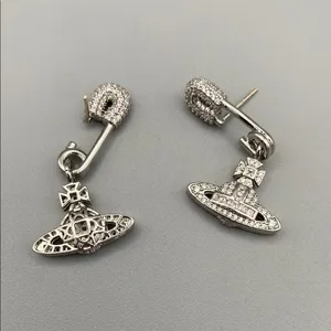 Vivienne Westwood Silver Tone Safety Pin Earrings w Drop Orb. Crystal encrusted thumbnail 3