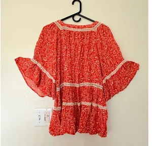 Free People Floral Print tunic Crochet Trim Orange and White Size S thumbnail 4