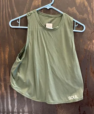 SoulCycle Lululemon Olive Green Mesh Muscle Tank Top Crossover Back SOUL Logo thumbnail 1