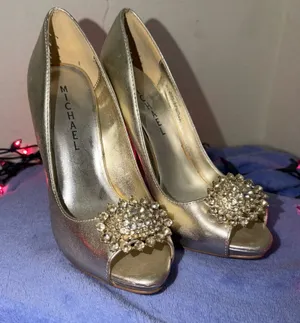 Michaels Metallic Gold Jeweled Peep-Toe Heels thumbnail 1