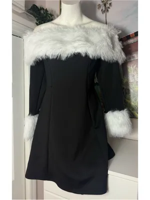 Womens Black Off Shoulder Faux Fur Trim Mini Dress Size XL Fit Flare Long Sleeve thumbnail 4