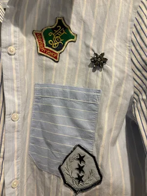 Desigual Lian shirt button down patches rhinestones blue white stripes sz S thumbnail 6