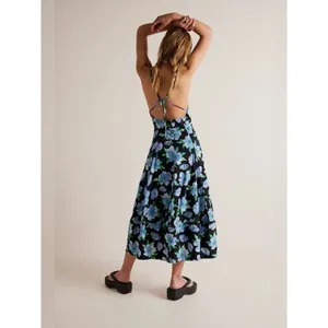 Free People Finer Things Printed Halter Midi Dress Black Combo Large Tropical thumbnail 7